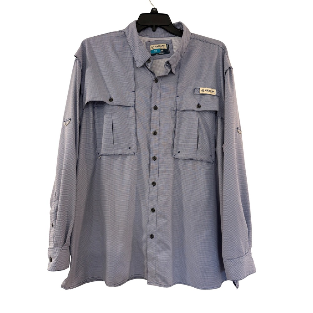 Magellan Outdoors Fish Gear Blue Micro Check Vented Fishing Shirt Mens 2XL